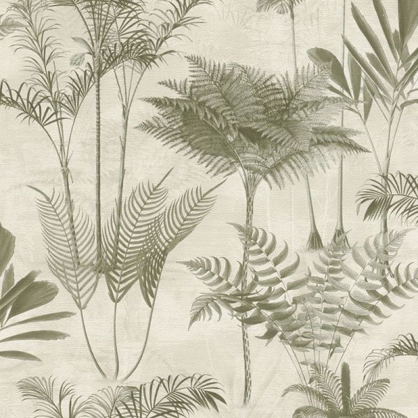 Papel pintado con soporte TNT, semimate, vinilico y con un ligero relieve con n diseño que hace un homenaje a la isla de Madagascar con tonos naturles sobre fondo blanco o beige.