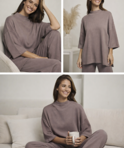 Conjunto de punto beige para mujer con jersey amplio y pantalón de pernera ancha, estilo cómodo y elegante para uso diario