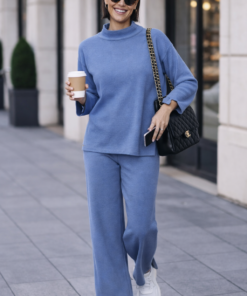 Conjunto de punto suave para mujer con jersey amplio y pantalón de pernera ancha, estilo cómodo y elegante para looks casual