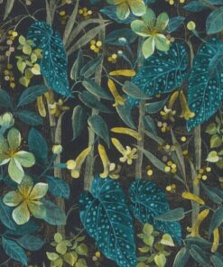 papel pintado con motivos florales en tonos azules, verdosos y negros