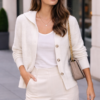 Chaqueta de punto suave con capucha color marfil, cierre de botones y textura efecto pelo, estilo casual elegante para mujer