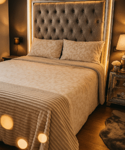 Cama decorada con el edredón Sherpa Anabella de Dolz, que combina un diseño floral elegante en la parte superior con suave tejido sherpa en el reverso, ofreciendo calidez y confort con 500 g/m² de gramaje.
