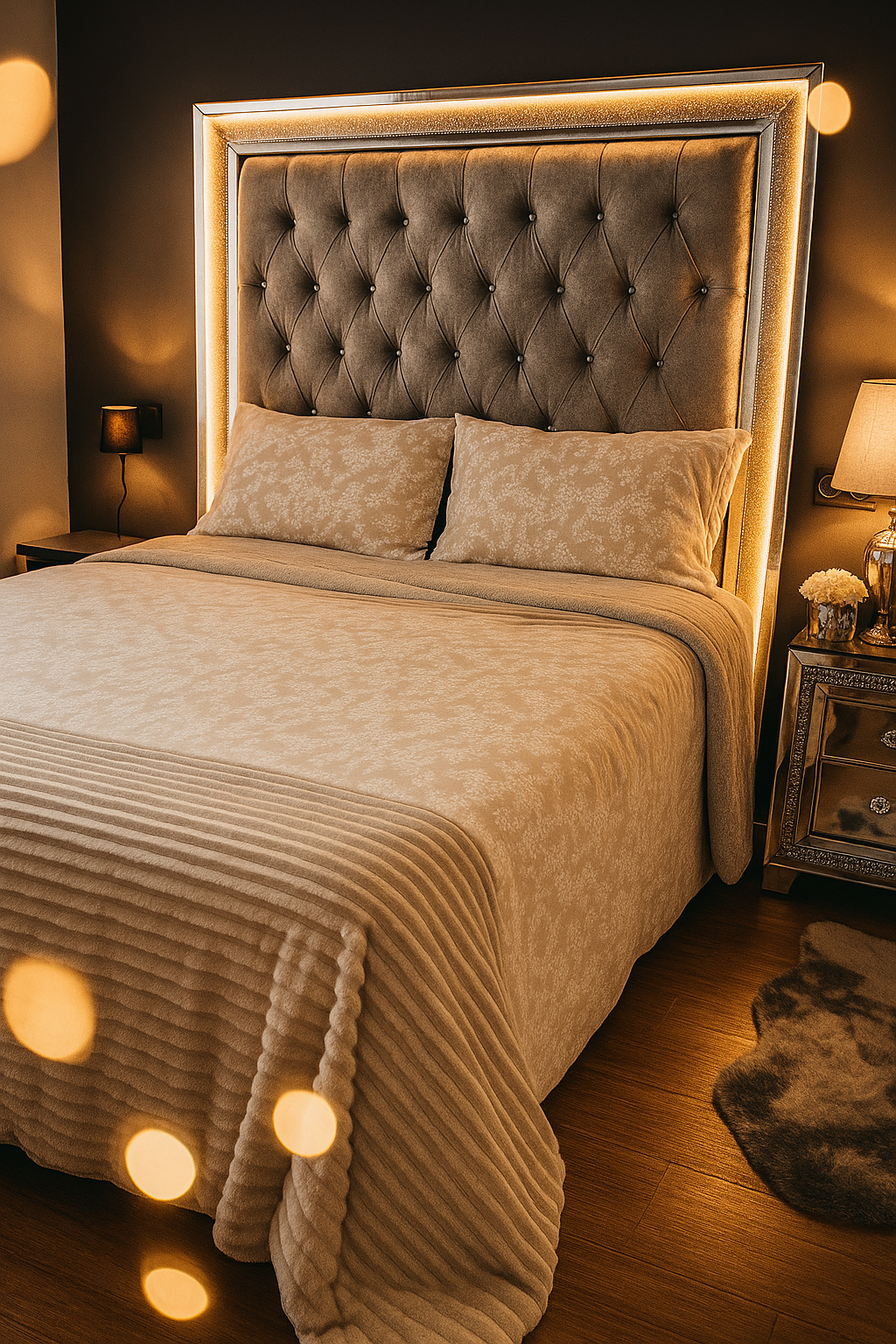 Cama decorada con el edredón Sherpa Anabella de Dolz, que combina un diseño floral elegante en la parte superior con suave tejido sherpa en el reverso, ofreciendo calidez y confort con 500 g/m² de gramaje.