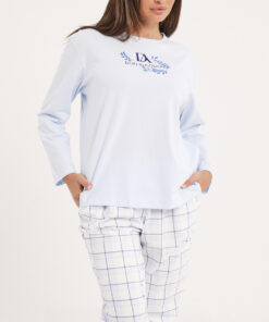 pijama de mujer de la marca Don Algodón en azul turquesa con pantalón de cuadros