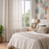 Cortinas confeccionadas Alaia de Fundeco en tejido claro con textura tipo lino, acabado natural y ollados metálicos, que aportan caída elegante y luminosidad al espacio.