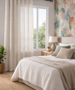 Cortinas confeccionadas Alaia de Fundeco en tejido claro con textura tipo lino, acabado natural y ollados metálicos, que aportan caída elegante y luminosidad al espacio.