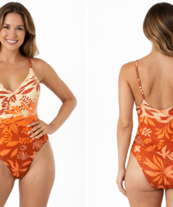 Bañador tropical mujer en tonos naranja y crema con estampado de hojas y flores, diseño elegante y favorecedor