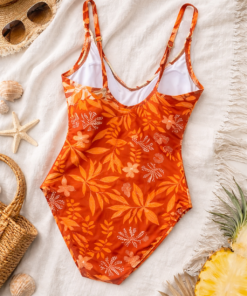 Bañador tropical mujer en tonos naranja y crema con estampado de hojas y flores, diseño elegante y favorecedor