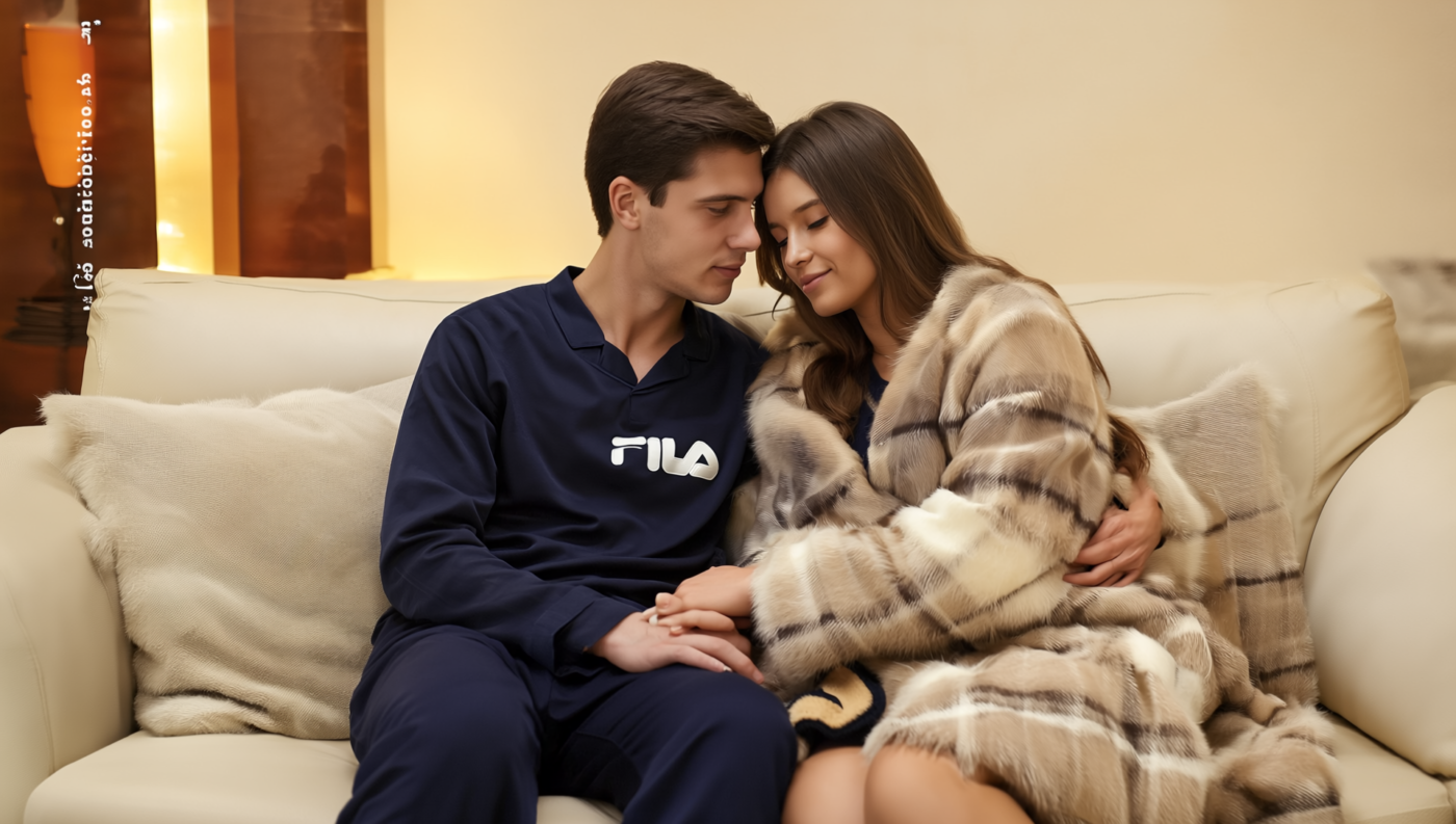 Pareja disfrutando de un momento acogedor en casa con pijamas y plaid de seduccionyestilo.com