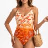 Bañador de mujer estampado Deidad en tonos naranjas con escote en pico y tirantes, diseño veraniego elegante y favorecedor