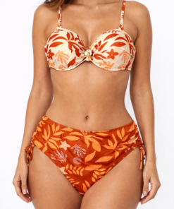 bikini de mujer dos piezas naranja estampado tropical con top con aro y braga ajustable para playa