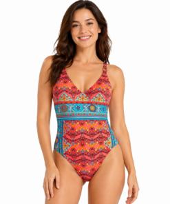 Bañador mujer estampado multicolor estilo étnico Deidad con tirantes finos y escote en pico