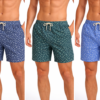 Conjunto de bañadores de hombre estampados en azul, verde y azul claro con cordón ajustable, bolsillos laterales y tejido de secado rápido