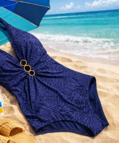 Bañador de mujer Deidad estampado en azul con escote en pico y detalle central de aros, diseño elegante y favorecedor para playa