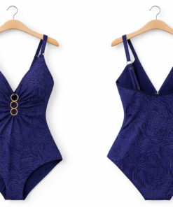 Bañador reductor azul de mujer con estampado animal y anillas doradas diseño elegante de secado rápido