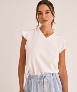 Pijama largo mujer Selmark P12076 azul con camiseta de escote pico y pantalón de rayas cómodo y transpirable