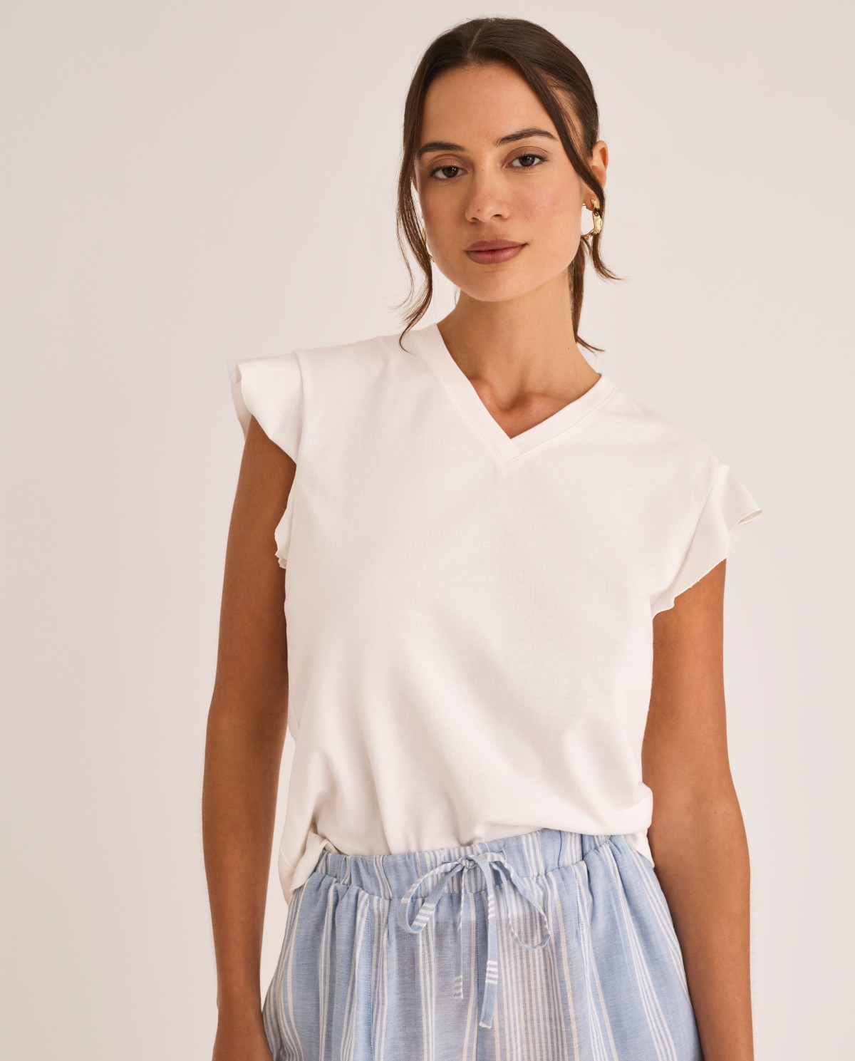 Pijama largo mujer Selmark P12076 azul con camiseta de escote pico y pantalón de rayas cómodo y transpirable