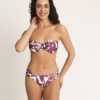 Bikini bandeau estampado tropical con aro y tirantes extraíbles para mujer en tonos morados y blancos