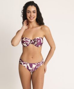 Bikini bandeau estampado tropical con aro y tirantes extraíbles para mujer en tonos morados y blancos