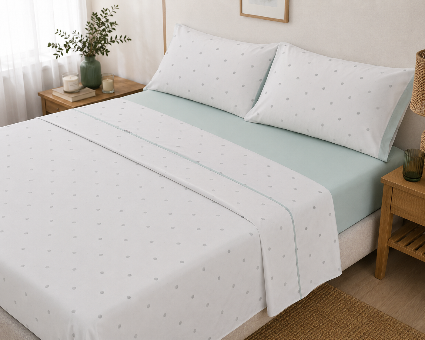Juego de Sábanas Estelia DOTS Aqua 50% Algodón 50% Poliéster – 144 Hilos