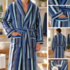 Albornoz de hombre de algodón con rayas azules y verdes, cuello tipo chal