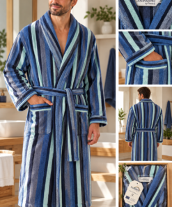 Albornoz de hombre de algodón con rayas azules y verdes, cuello tipo chal