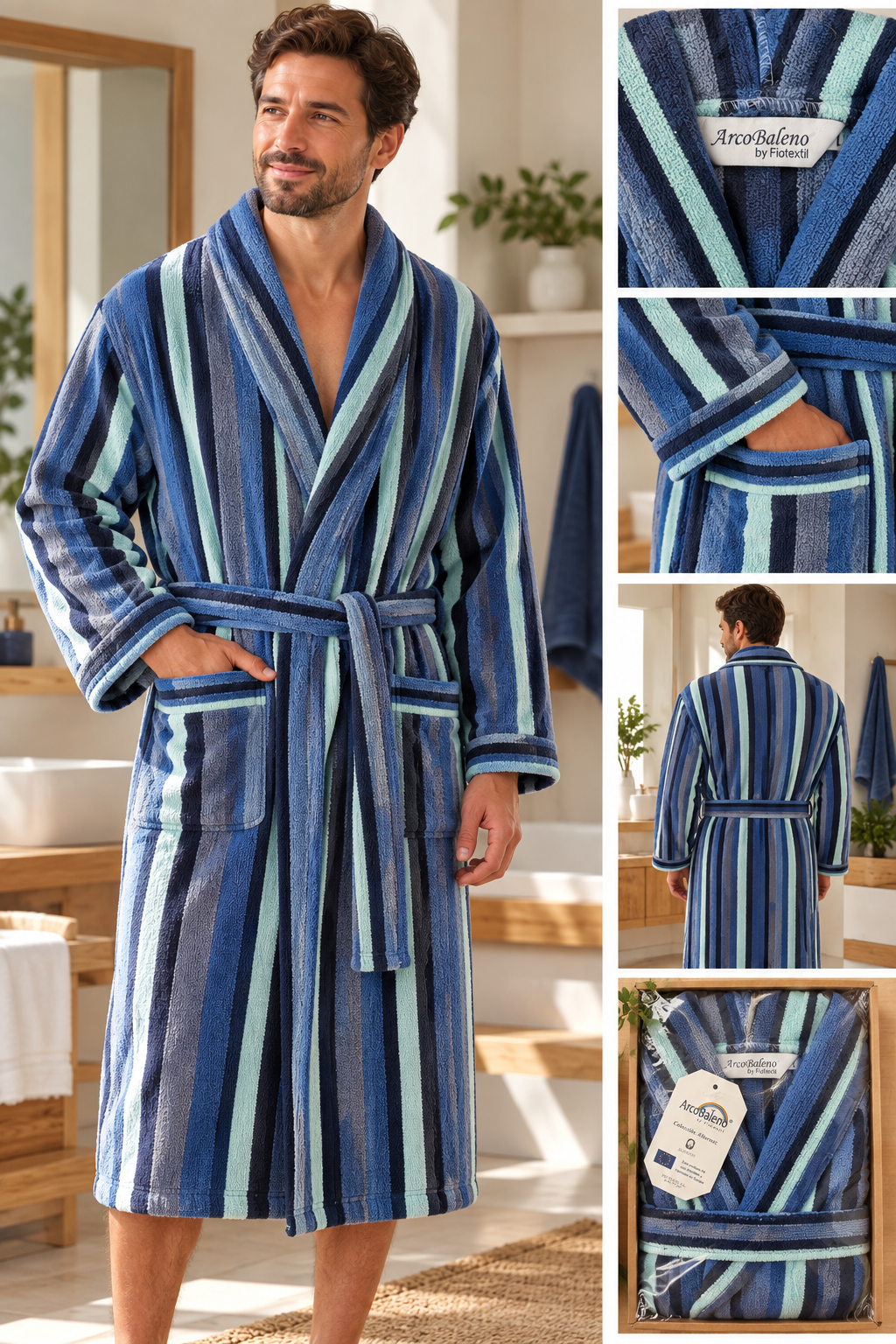 Albornoz de hombre de algodón con rayas azules y verdes, cuello tipo chal