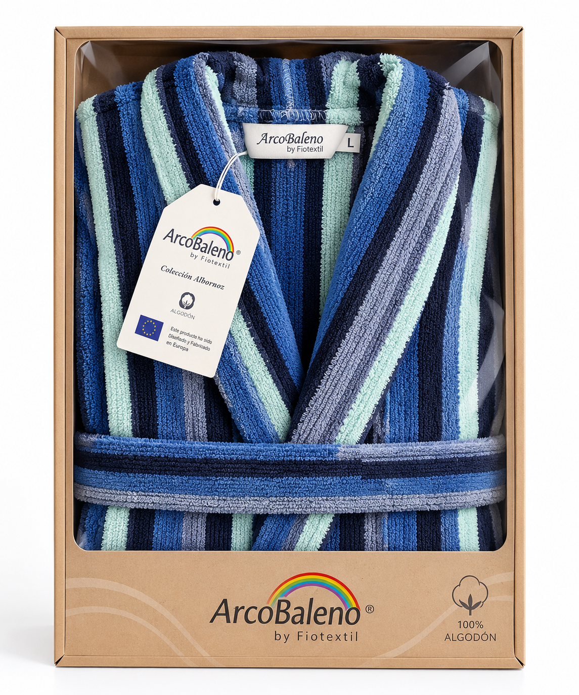 Albornoz de hombre de algodón con rayas azules y verdes, cuello tipo chal