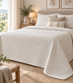 Colcha dormilona Paina de Cañete en color beige, con elegante diseño floral en relieve para vestir la cama con estilo y aportar calidez al dormitorio.