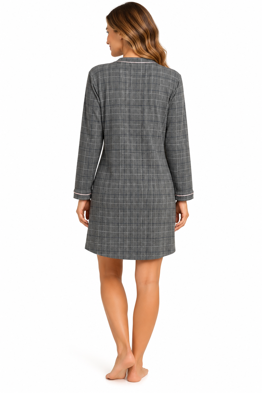 Camisón Corto de Mujer Gris de Cuadros con Botones - Imagen 2