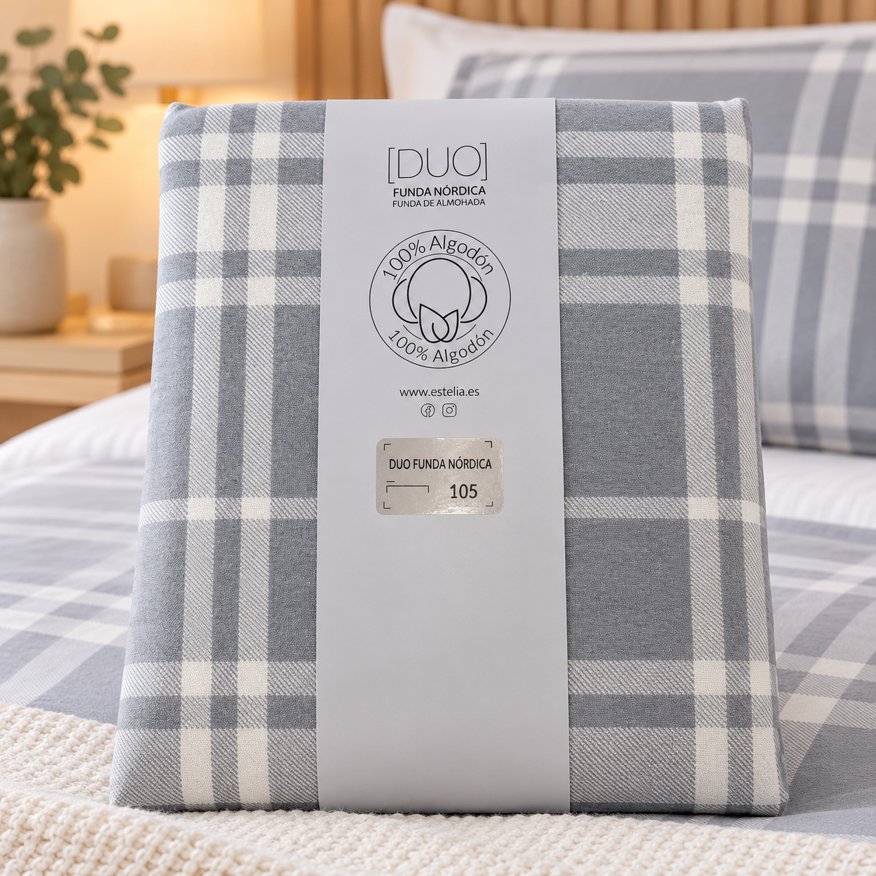 Funda nórdica Estelia Duo de algodón 100% con cuadros grises y blancos para cama de 105 cm.