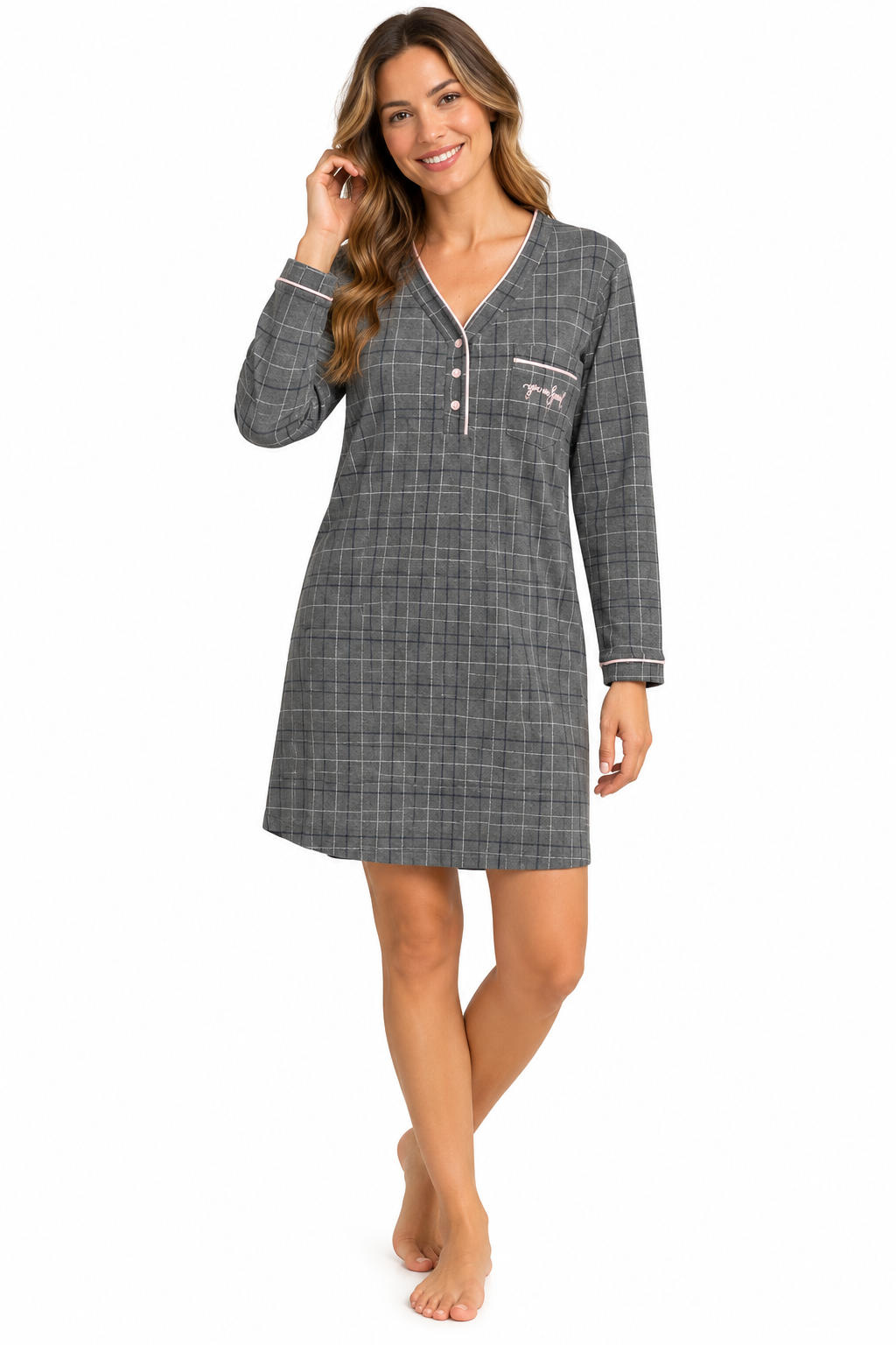 Camisón Corto de Mujer Gris de Cuadros con Botones