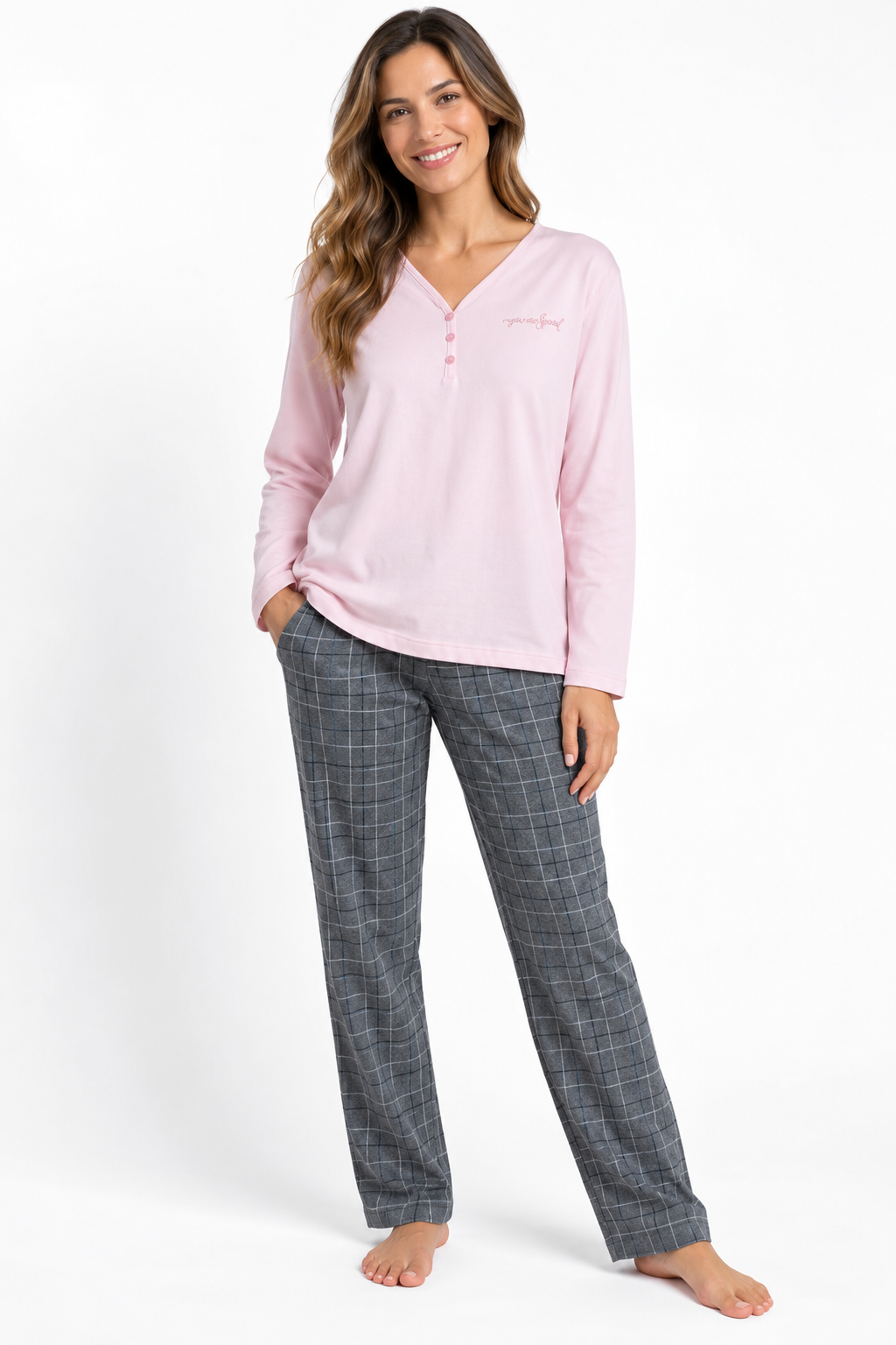 Pijama de Mujer Rosa con Pantalón de Cuadros