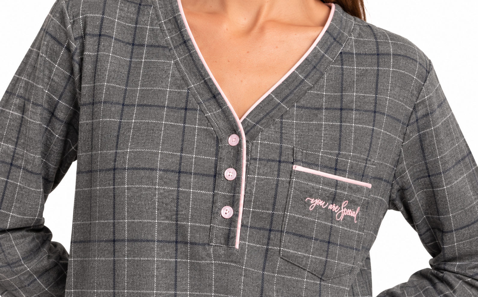 Camisón Corto de Mujer Gris de Cuadros con Botones - Imagen 3