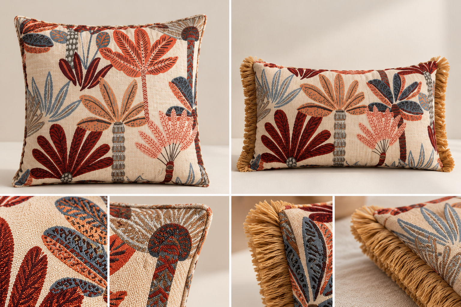Descubre la funda de cojín Antilo Brezo de 30x45 cm en color caldera, con estampado botánico y flecos decorativos. Ideal para dar calidez a tu hogar. Relleno no incluido.