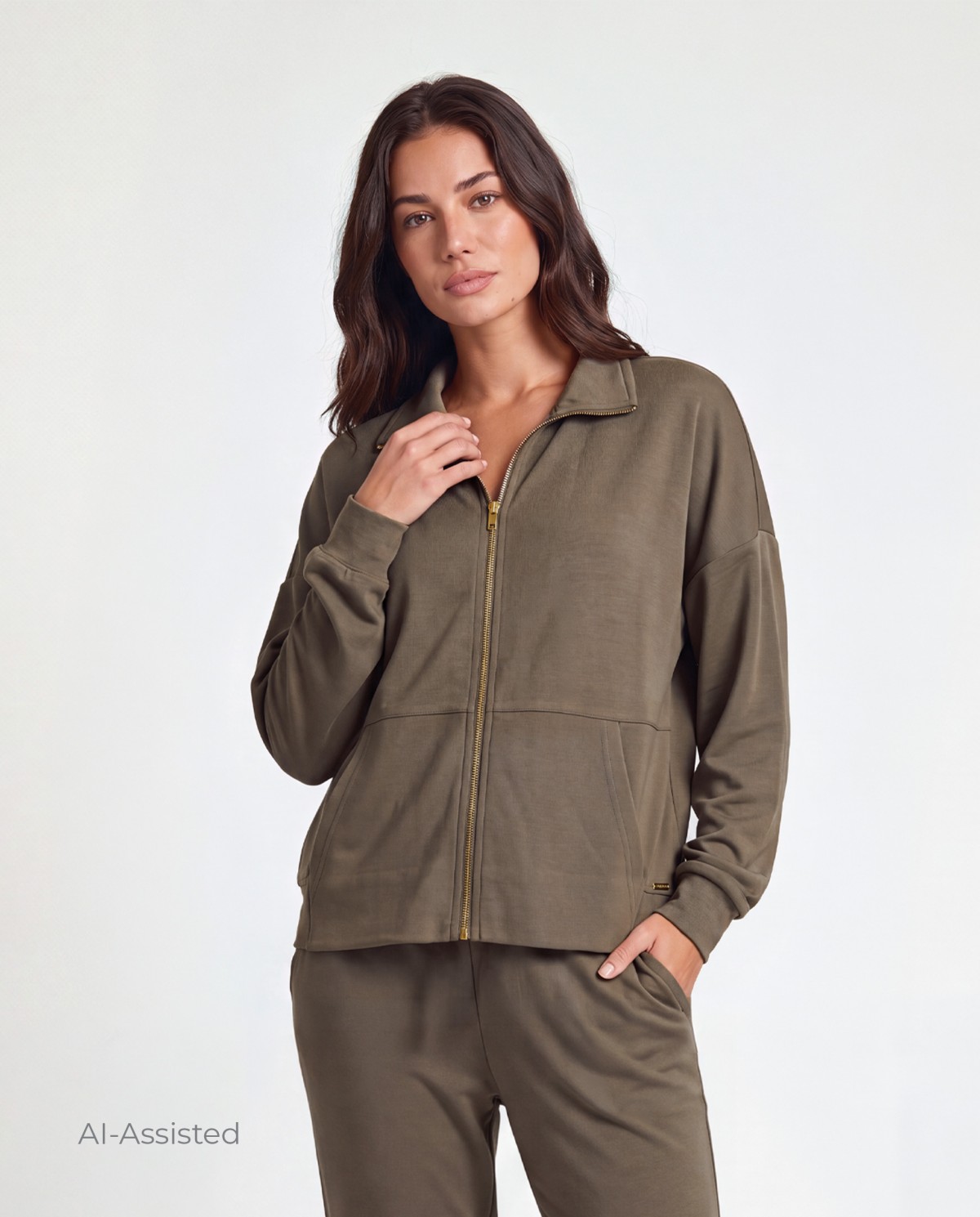 Conjunto de mujer Selmark verde oliva P12652, con chaqueta de cremallera y pantalón a juego, confeccionado en tejido suave con modal y elastano.