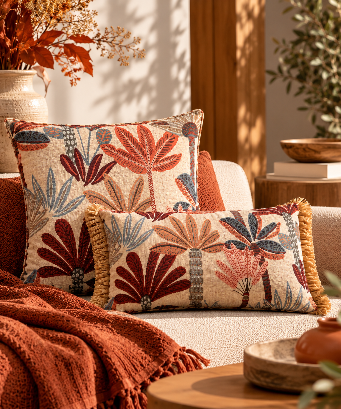 Conjunto de cojines Antilo Brezo en color caldera con estampado botánico en tonos terracota, beige y azul grisáceo, cojín cuadrado sin flecos y rectangular con flecos decorativos.