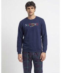 Pijama de hombre Disney Mickey Mouse de dos piezas en algodón, sudadera azul marino con estampado y pantalón largo de cuadros, referencia 63224.